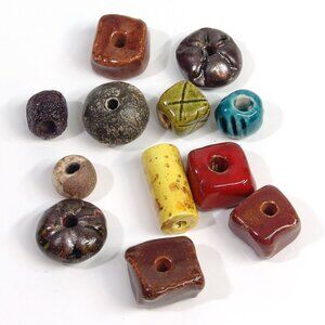 Lot of 12 Vintage BIG Chunky Rustic Handmade Glazed Pottery Macrame Beads